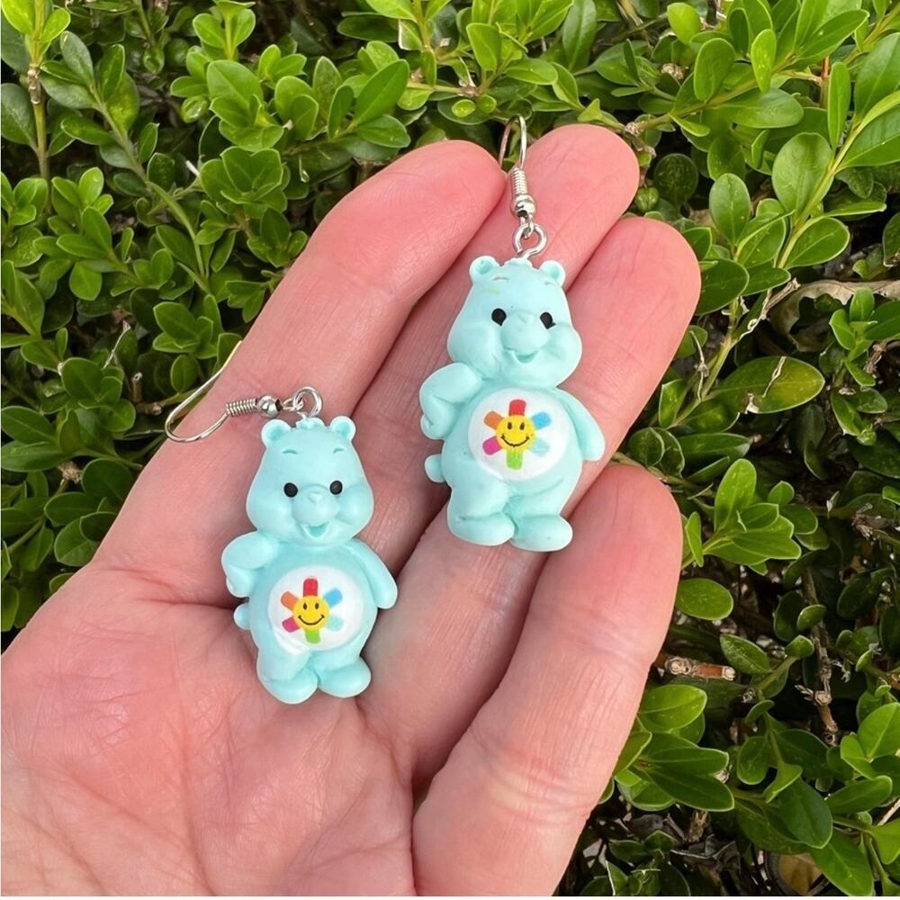 Care Bears Inspired earrings bear rainbow Sun care bear Teal earrings Turquoise